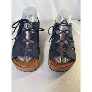 Zoinx Navy Blue Leather Lace Up Cork Platform Wedge Sandals Womens Sz 38